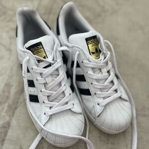 Kid Adidas White Leather Superstar Sneakers with Black Stripes & Gold Tongue